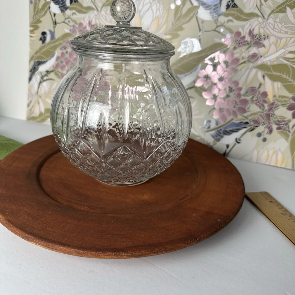 Vintage HJG Pressed Glass Candy Jar Lid Diamond Cut Rose Base Art Deco MCM